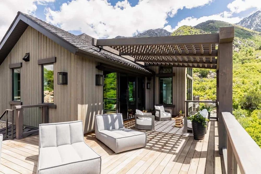 Home with trees and an orange sunset